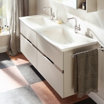 BURGBAD Orell База подвесная с 2-м умыв.из мин. литья 143х50х64см.4 выдв ящ., вкл сифон,1 отв под смес., цвет: белый матовый F1697, ручка G0138 с зеркальным шкафом