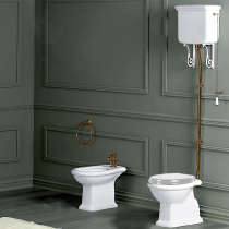SIMAS Lante Унитаз напольный, выпуск в стену, 38,5х58см, с высоким бачком, с фурнитурой, цвет: белый/бронза