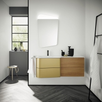 BurgBad Badu База подвесная с умыв. из минер литья 122х51х49.2см, с 1 отв под смеситель.  столешница,4 ящика, спец сифон, фасад T0015 золото, F3698 корица, умывальник слева, цвет: корица