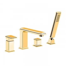 Gessi Eleganza Смеситель для ванны на 4 отверстия, с переключателем, изливом и ручным душем, цвет: золото