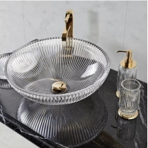  3SC ELEGANCE Раковина накладная, D=43,5/h16 см, без отверстия под смеситель, донный клапан в комплекте, цвет: прозрачный хрусталь/золото 24к. 