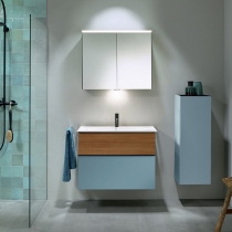 Burgbad Fiumo Комплект подвесной мебели 82х49х61см, с раковиной на 1 отв., ручки черные матовые, цвет: Tectona Dekor Zimt / Eisblau Softmatt