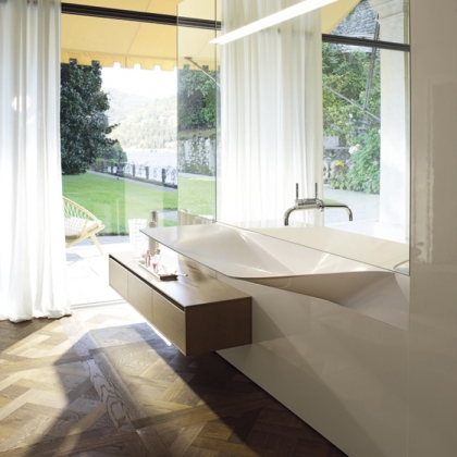 BURGBAD RC40 Композиция №1 332х70х220см, раковина глянц, тумба 3 ящика, пенал 2 двери, зерк с подсв, подвесная, цвет: Sand Hochglanz/Eiche Fineline Hellgrau