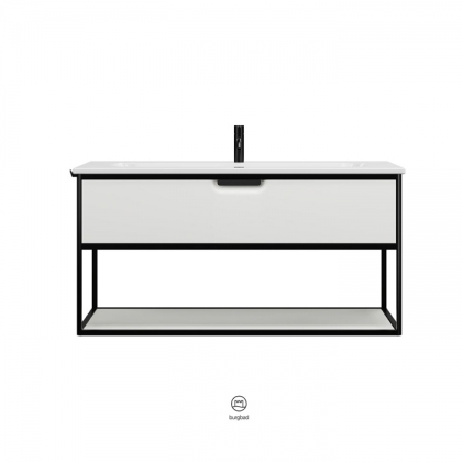 Burgbad Vry Комплект мебели 1230х496х600 мм, подвесной, 1 ящик, 1 полка, раков белая глянц с 1 отв для смес, ручка G0253, цвет белый матовый