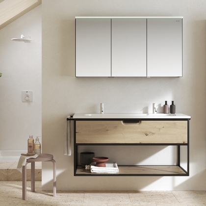 Burgbad Vry Комплект мебели 123х49.6х62.2см, подвесной, 1 ящик, 1 полка, с раковиной, с 2 отв., ручка черная мат, цвет: Eiche Dekor Urban