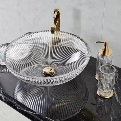  3SC ELEGANCE Раковина накладная, D=43,5/h16 см, без отверстия под смеситель, донный клапан в комплекте, цвет: прозрачный хрусталь/золото 24к. 