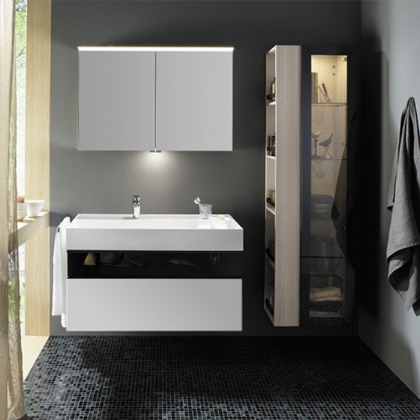 Burgbad Yumo База 101.5х64х47см.с умыв из мин литья с 1 отв под смес,2 выдв ящика с ручкой  Мокка G0179.верхн ящик из дымч стекла, подвесная, цвет: белый глянц.