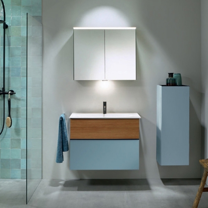 Burgbad Fiumo Комплект подвесной мебели 82х49х61см, с раковиной на 1 отв., ручки черные матовые, цвет: Tectona Dekor Zimt / Eisblau Softmatt