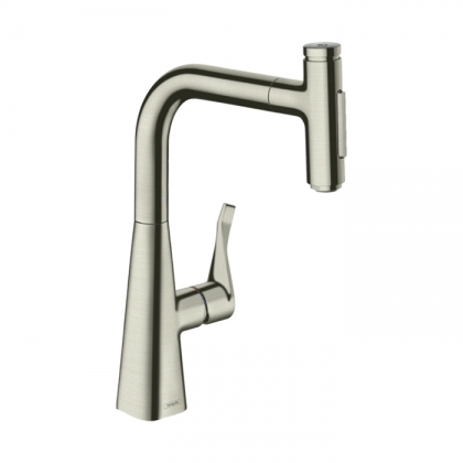 Hansgrohe Metris M71 Смеситель для кухни, на 1 отв, поворотный излив: 20.8см с вытяжным душем, 2jet, h238мм, sBox кнопка вкл/выкл,, цвет: нержавейка